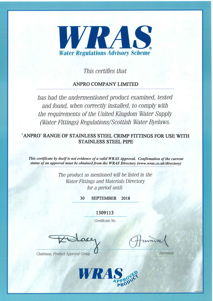 Archived ANPRO WRAS stainless steel press fittings approval page 1